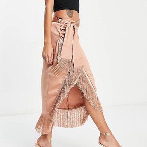 Rare London wrap midi skirt with fringe, sz 8
